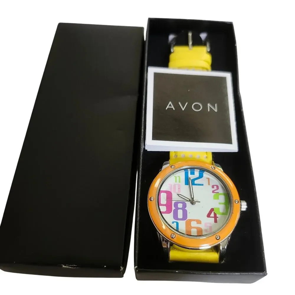 NIB Avon Colorful Rainbow Pop Art Number Dial Yellow Quartz Watch